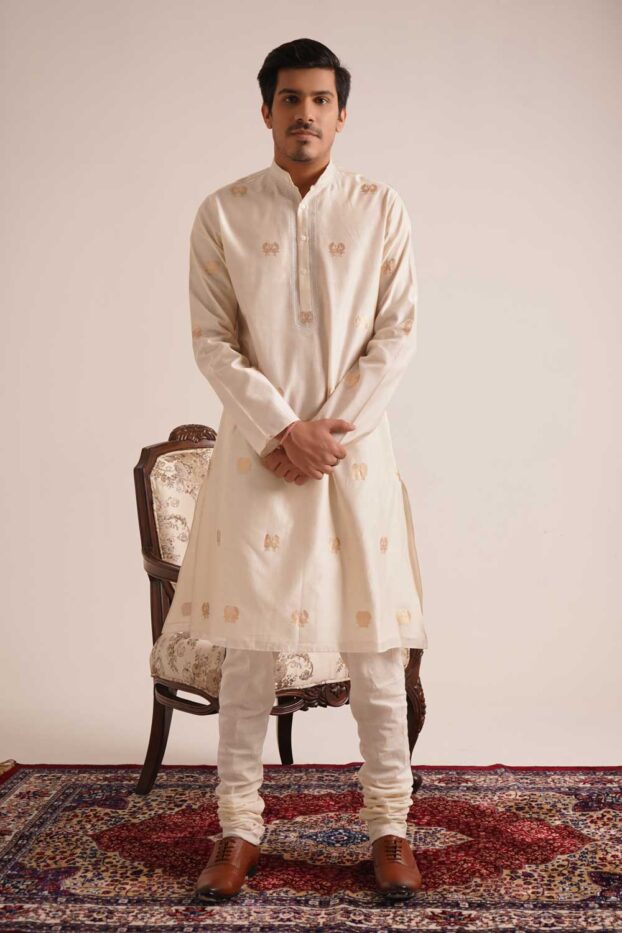 Benarasi Peacock Buti Ivory White Kurta Set