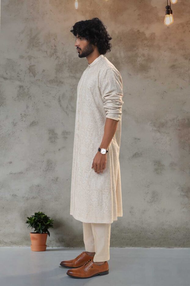 Munga Beige Silk Open Kurta Set