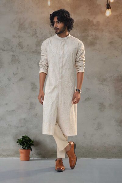 Munga Beige Silk Open Kurta Set