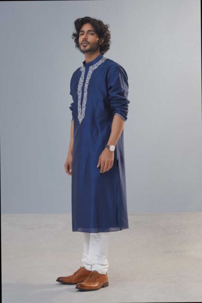 Navy Peony Blue Pearl Neck Kurta Set-