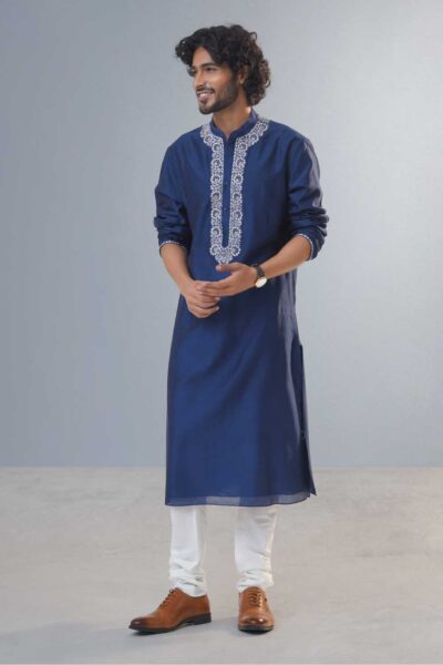 Navy Peony Blue Pearl Neck Kurta Set-