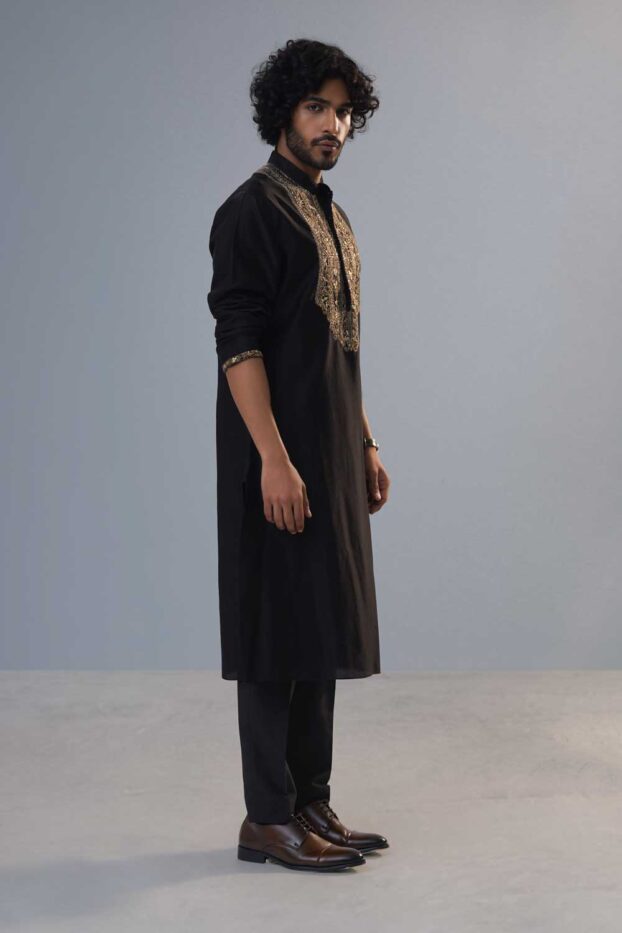 black-heavy-yoke-silk-kurta-set