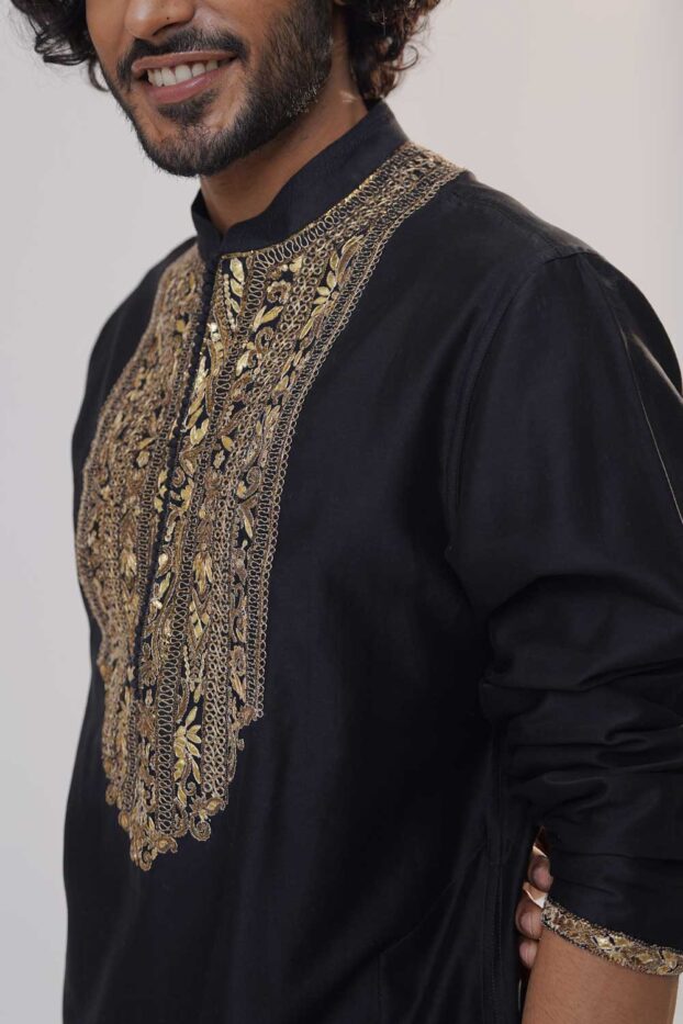 black-heavy-yoke-silk-kurta-set