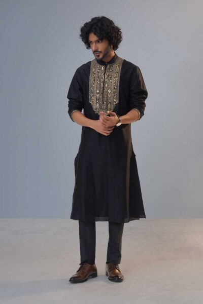 black-heavy-yoke-silk-kurta-set