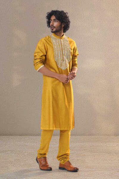 mustard-yellow-aari-silk-kurta-set