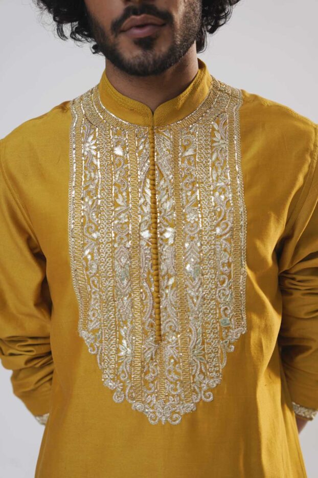 mustard-yellow-aari-silk-kurta-set