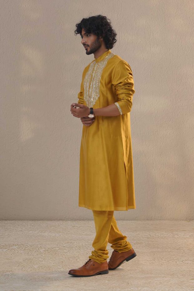 mustard-yellow-aari-silk-kurta-set