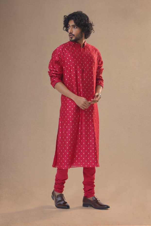 red-zari-buti-silk-kurta-set