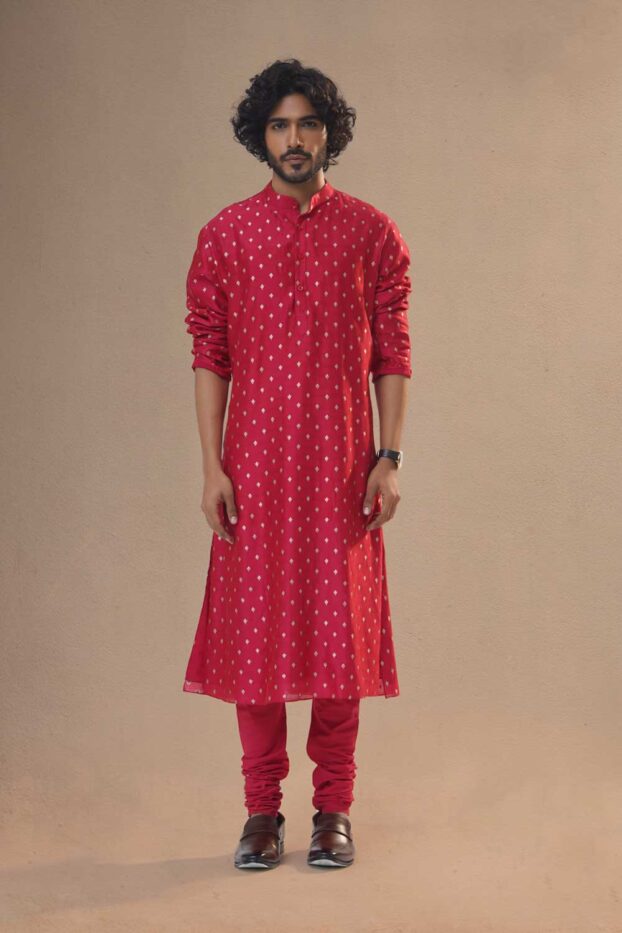 red-zari-buti-silk-kurta-set