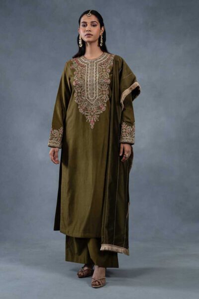 Ateef Olive Luxury Designer Suit Set