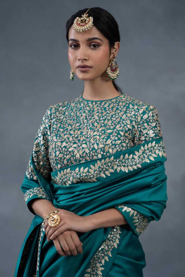 Gulabo Teal Handcrafted Wedding Saree